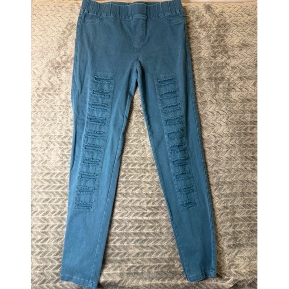 Umgee Teal Blue Distressed Jeggings Womens Large Pull On Leggings 0092